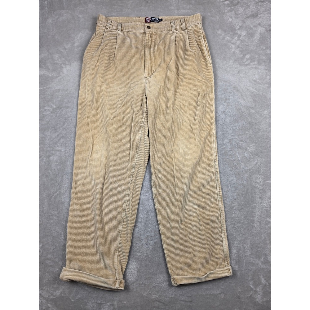 Vintage Chaps Ralph Lauren Corduroy Pants Mens 34x30 Tan Double Pleated Cuffed